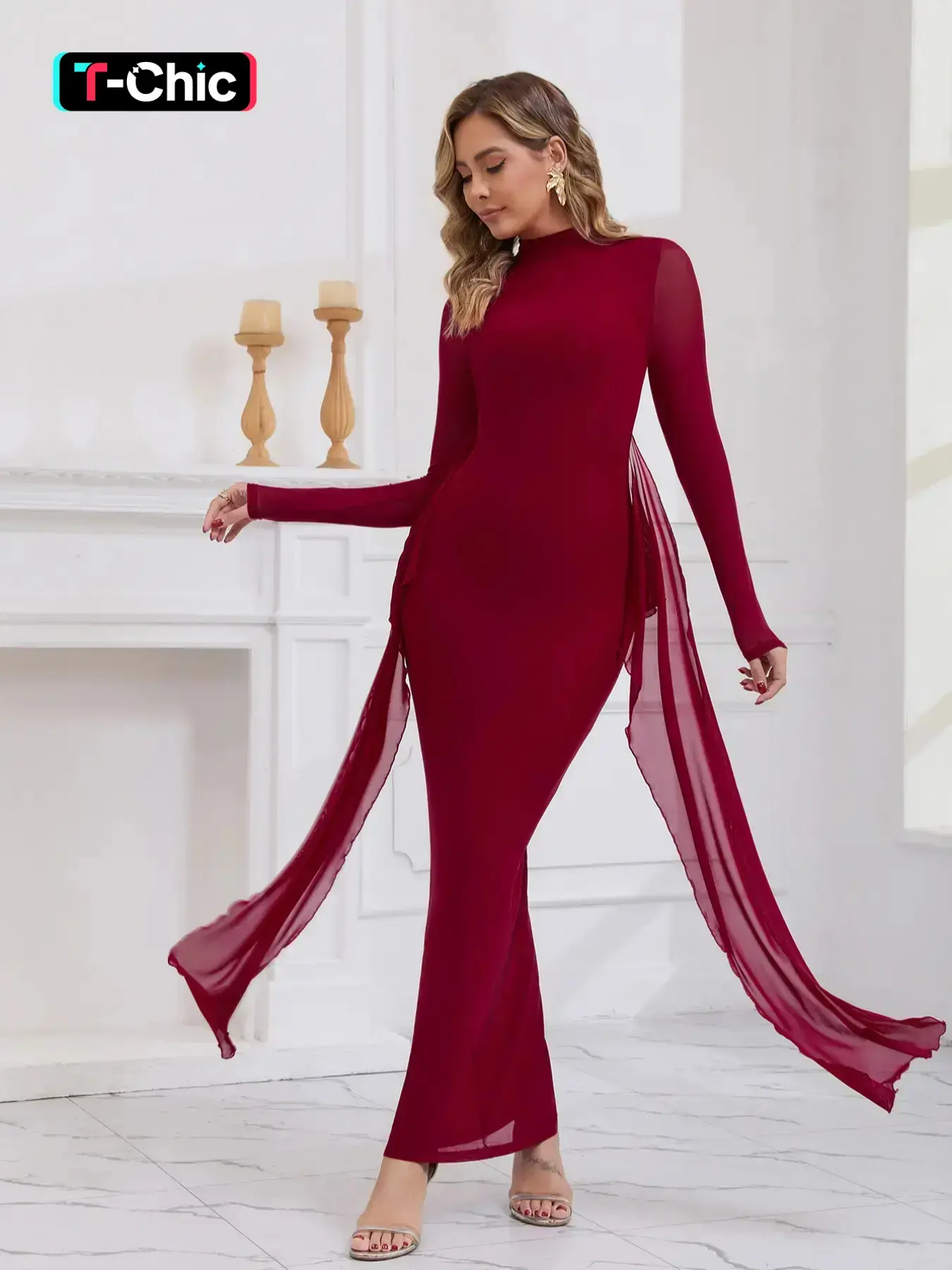 Parthea Women's Elegant Style Backless Long Sleeve Slim Fit Dress, Plain Pattern, Fall & Winter Fashion, Perfect for Formal Parties & Evening Events
