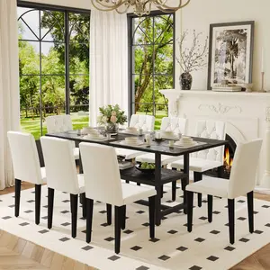Aobtkel Large Easy Assembly Multi-Function Dining Room Table and Chair Set, 71x35.4in Black Grain Spliced Table with Middle Leg Storage, 8 White PU Ergonomic Buckle Backrest Dining Chairs, Easy Assembly Dining Room Sets, Large Dining Room Sets