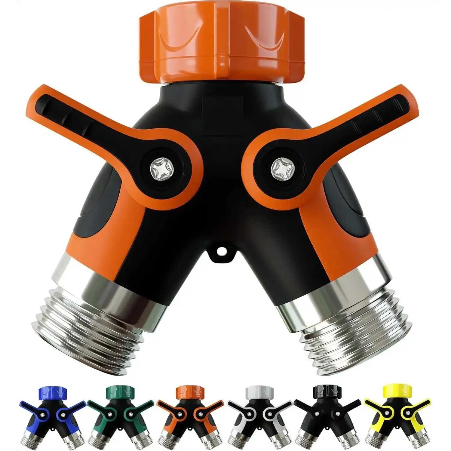 Dual-way hose splitter, heavy-duty metal connector, dual-way garden hose splitter, high-flow faucet adapter, sturdy dual-Y stop valve, suitable for outdoor gardening hoses.