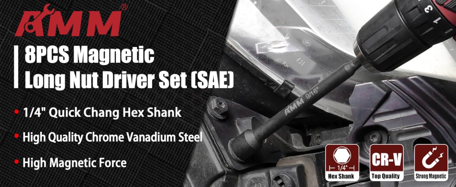 AMM 8PCS SAE Nut Driver Set for, Long Nut 6 INCH (1/4" - 9/16"), 1/4" Hex Shank Nut Driver Bit, Cr-V