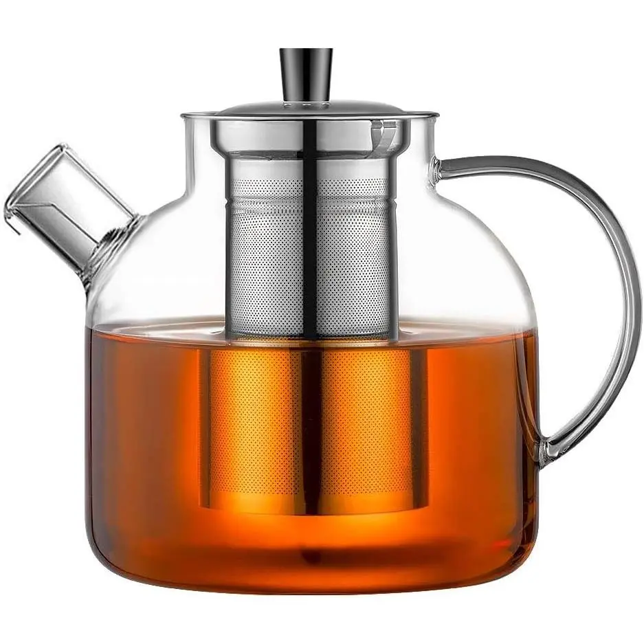 Ehugos 1500ml(50oz) Stovetop Safe Glass Teapot, Large Handcrafted Tea Kettle with Removable Stainless Steel Infuser for Blooming & Loose Leaf Tea