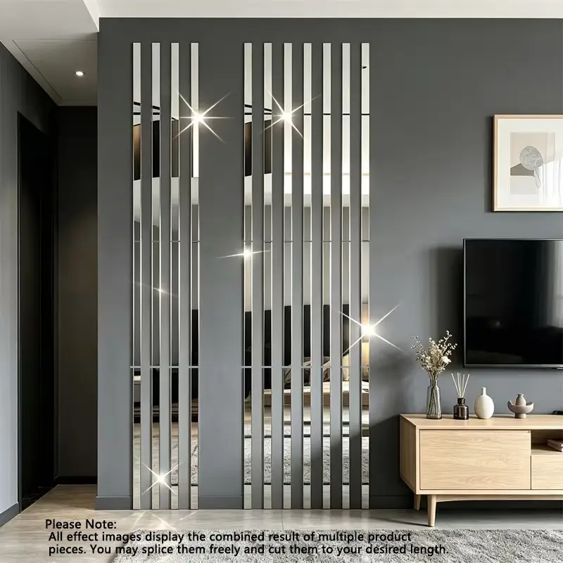 15pcs Pack, 0.78/1.18/1.57inch, Silver Acrylic Mirror Wall Sticker, Strip Self-Adhesive Wall Decals, Artistic, For Living Room Bedroom Bathroom Office Home, Art Wall Decoration