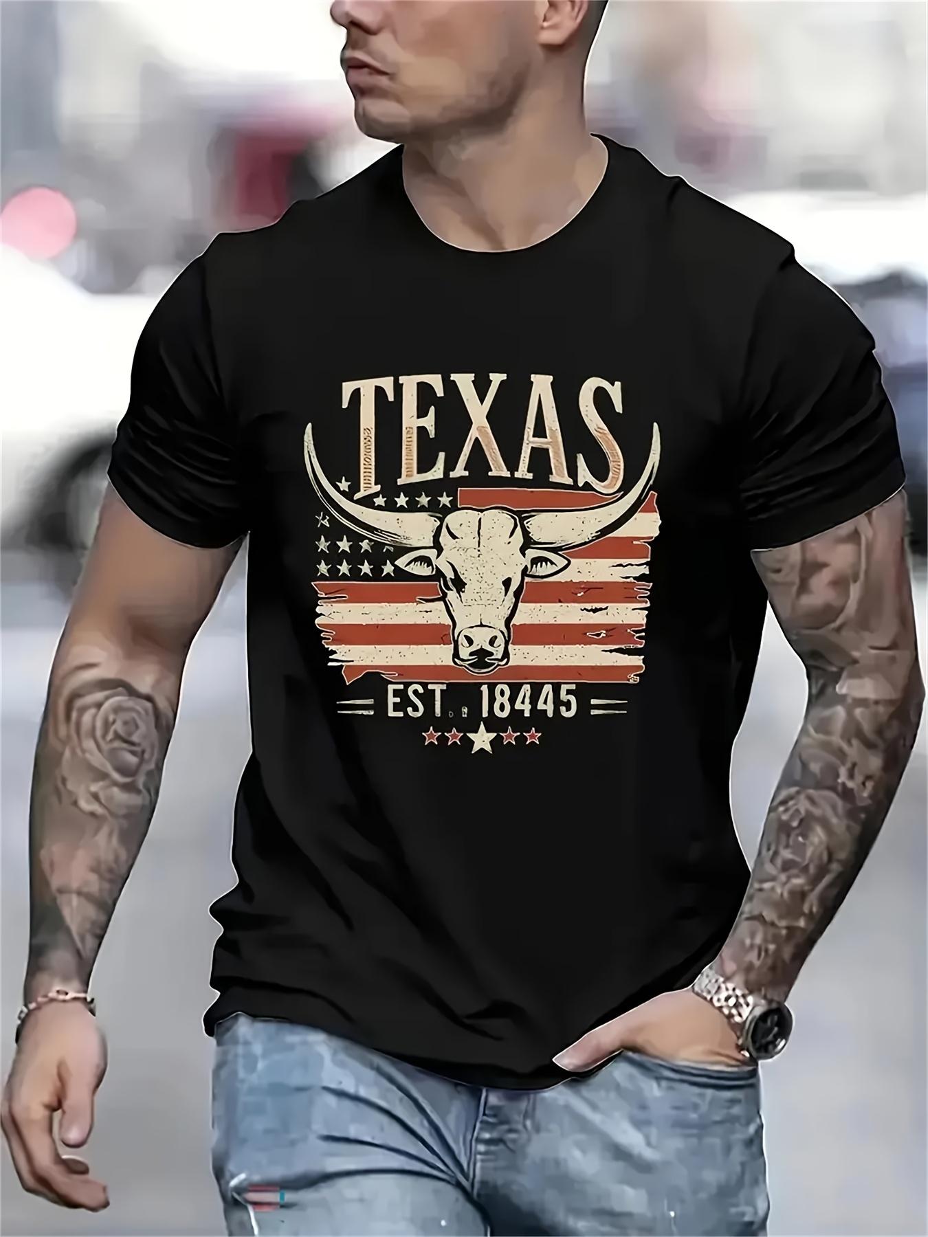 Texas Pride Bull Head T-Shirt Soft Comfortable Fabric Round Neck Short Sleeves Machine Washable Casual Summer Top for Men Streetwear Crewneck Shortsleeve Menswear Tshirt Top Man Biker Black Tropical