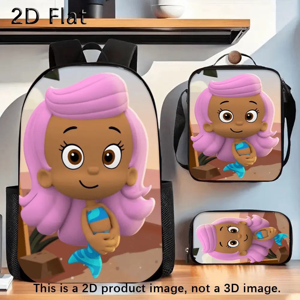 Durable Water Resistant 3-Piece Backpack Set for Kids, Lightweight School Bag with Lunch Box, Beach Background Cute Pink Hair Mermaid Girl Cartoon Graphic Print, Spacious 15in Laptop Pocket & Soft Breathable Padded Straps