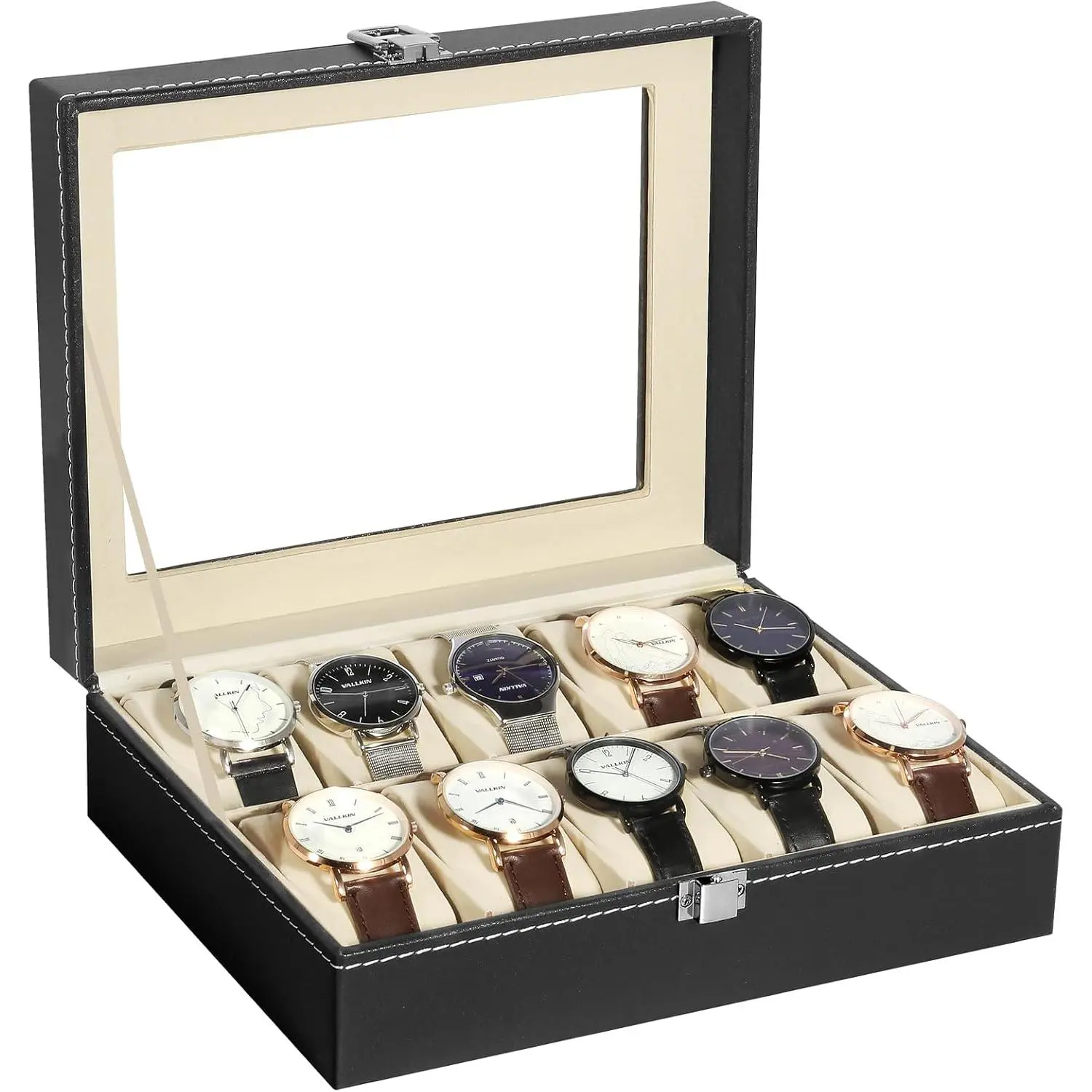 Watch Box, 10 Slots Watch Case, Watch Box Organizer Jewelry Storage with Large Glass Lid, Watch Display Case, Watch Box for Men & Women |   Black Watch Cases for Men and Women, removable Pillow, Velvety Inner Lining, Gifs for Graduation, Thanksgiving