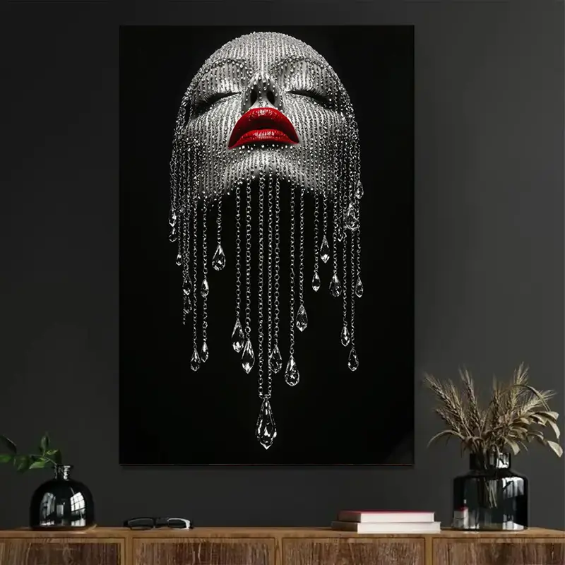 1 Piece Glamorous Crystal Chain Lady Wall Art - Red Lips Portrait Canvas Print With Shiny Jewelry Pendants, Framed And Ready To Hang, Modern Chic Decor For Living Room, Bedroom, Office And Dressing Room - Luxurious Fashion Face Artwork, Modern Art Deco St