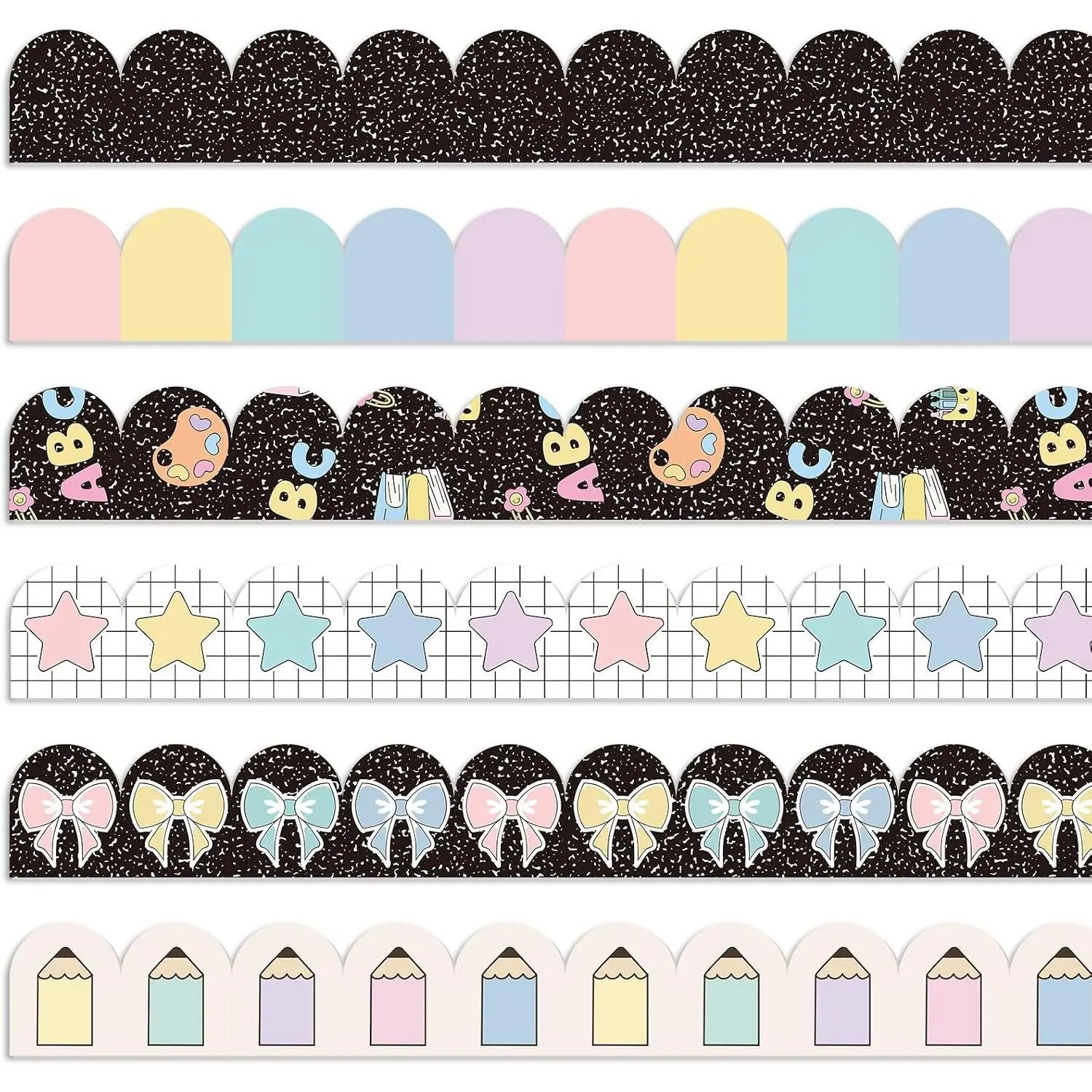 84 ft Pastel Bulletin Board Borders Composition Notebook Classroom Decor Schoolgirl Bow  Pencil Scalloped Border Trims DIY  to School Decor for Teacher Chalkboard Wall Door