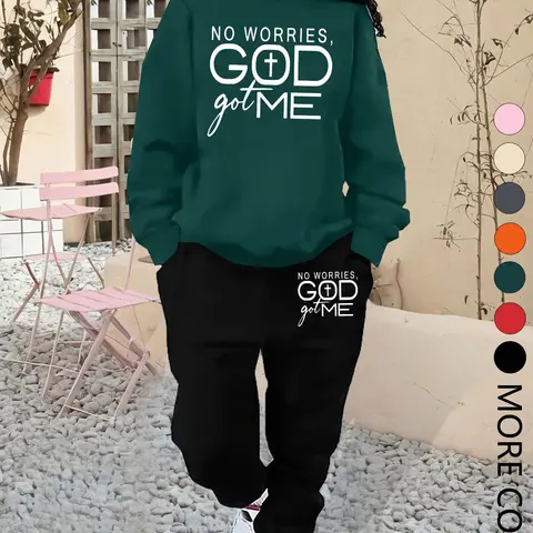 Two-Piece Set Women's Letter & Cross Print Sweatshirt & Pocket Sweatpants Sweat Suit, Casual Long Sleeve Round Neck Pullover & Trousers, Ladies Fall & Winter Sportswear, Sports Outfit