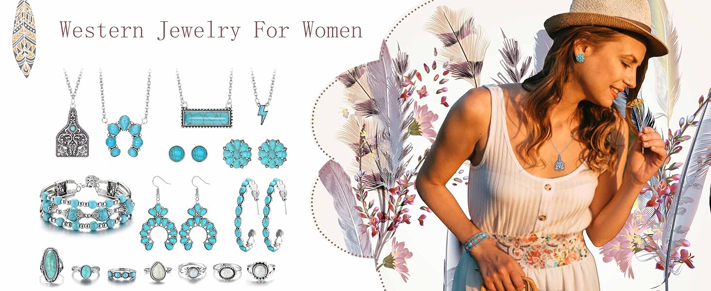 17Pcs Western Turquoise Jewelry Set Boho Layered Necklaces, Dangle Earrings, Stretch Bracelet & Knuckle Rings | Vintage Southwestern Aesthetic | Lucky Gift for Women