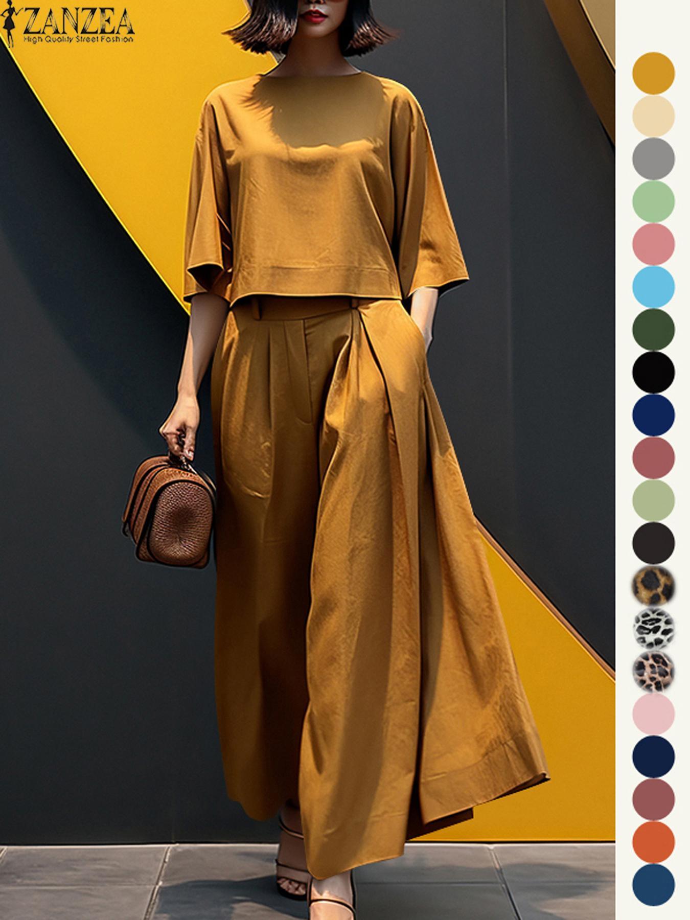 Women's Top & Wide Leg Pants Two-piece Set, Casual Fashion Minimalist Cozy Three Quarter Length Sleeve Top & Trousers for Daily Outdoor Wear, Ladies Clothes for All Seasons, Womenswear