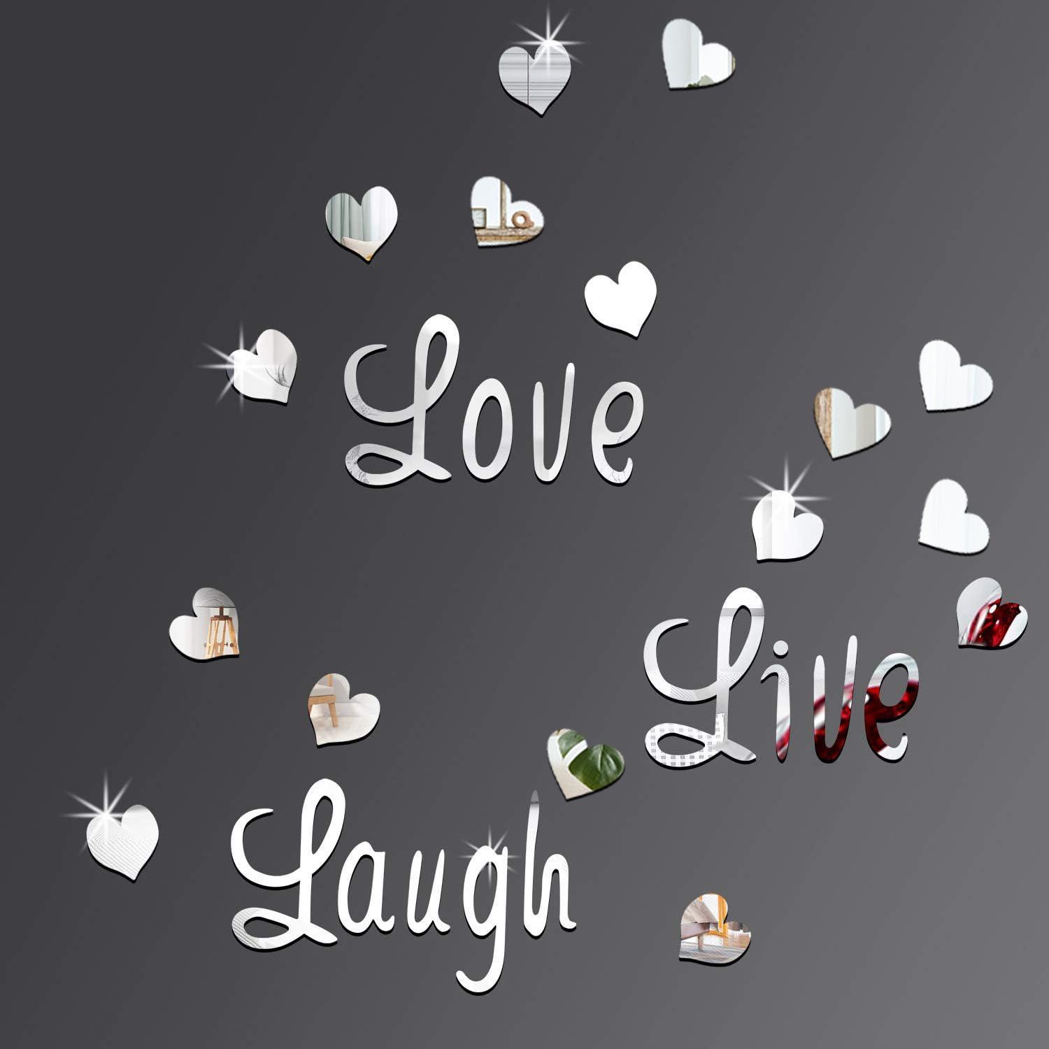 Heart Shaped Mirror Wall Sticker, 19pcs Letter Design Self Adhesive Wall Decor, Decor Sticker for Home Living Room Bedroom