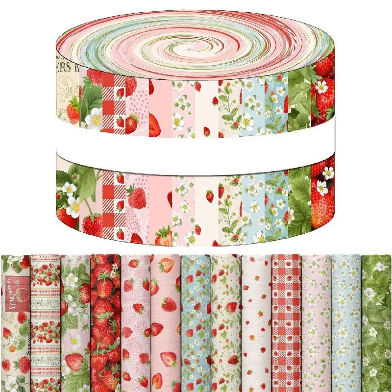 40Pcs Precut Strawberry Theme Fruit Print Strips Fabric, 2.55x19.7in Cotton Cut Rolls, Patterned Material for Doll Crafting and DIY Sewing Projects