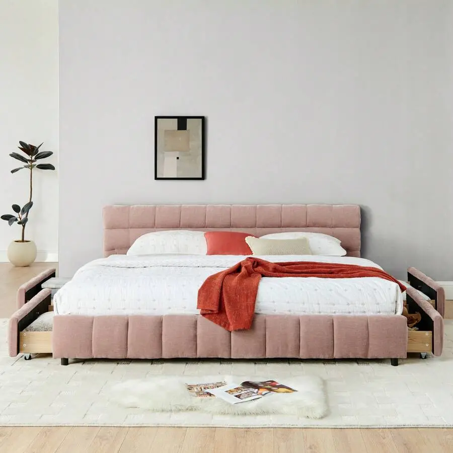 Modern Pink Chenille Upholstered Bed Frame with Headboard, Size with Drawer, Solid Frame - No Box Spring Needed, Rectangular