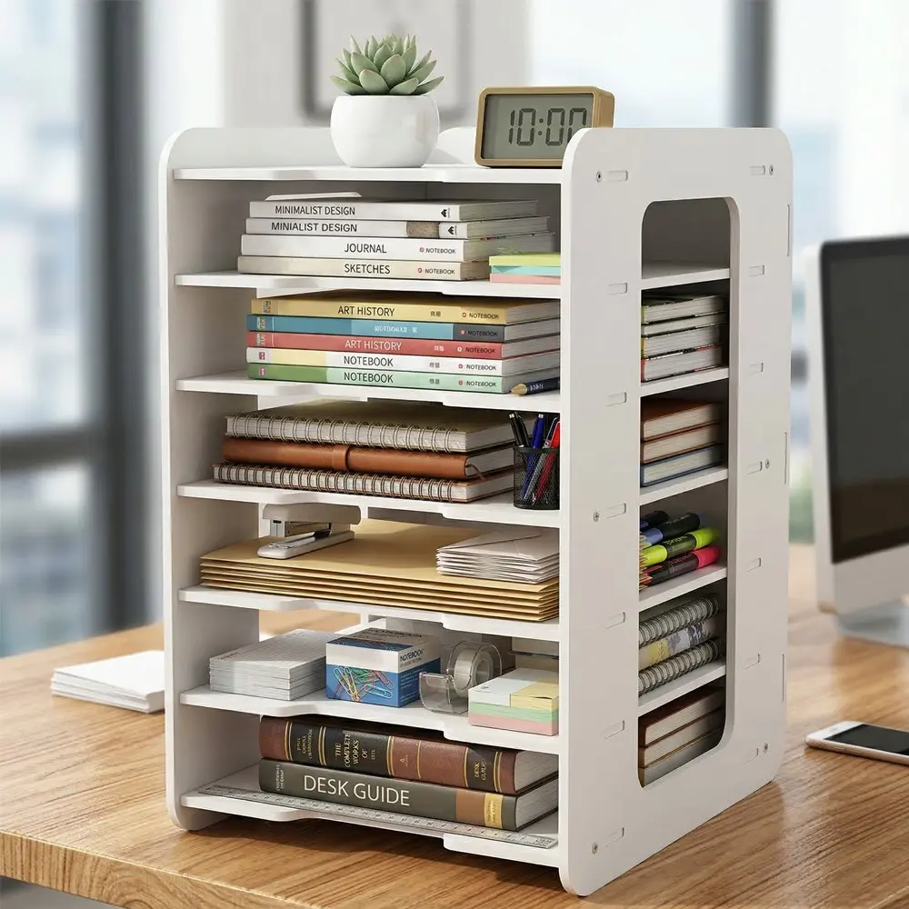 Simple Office Desktop File Organizer, Document Holder, Folder Storage Box, Book Stand, Data Rack, Essential Office Supplies, Home Office Storage, Office Accessories