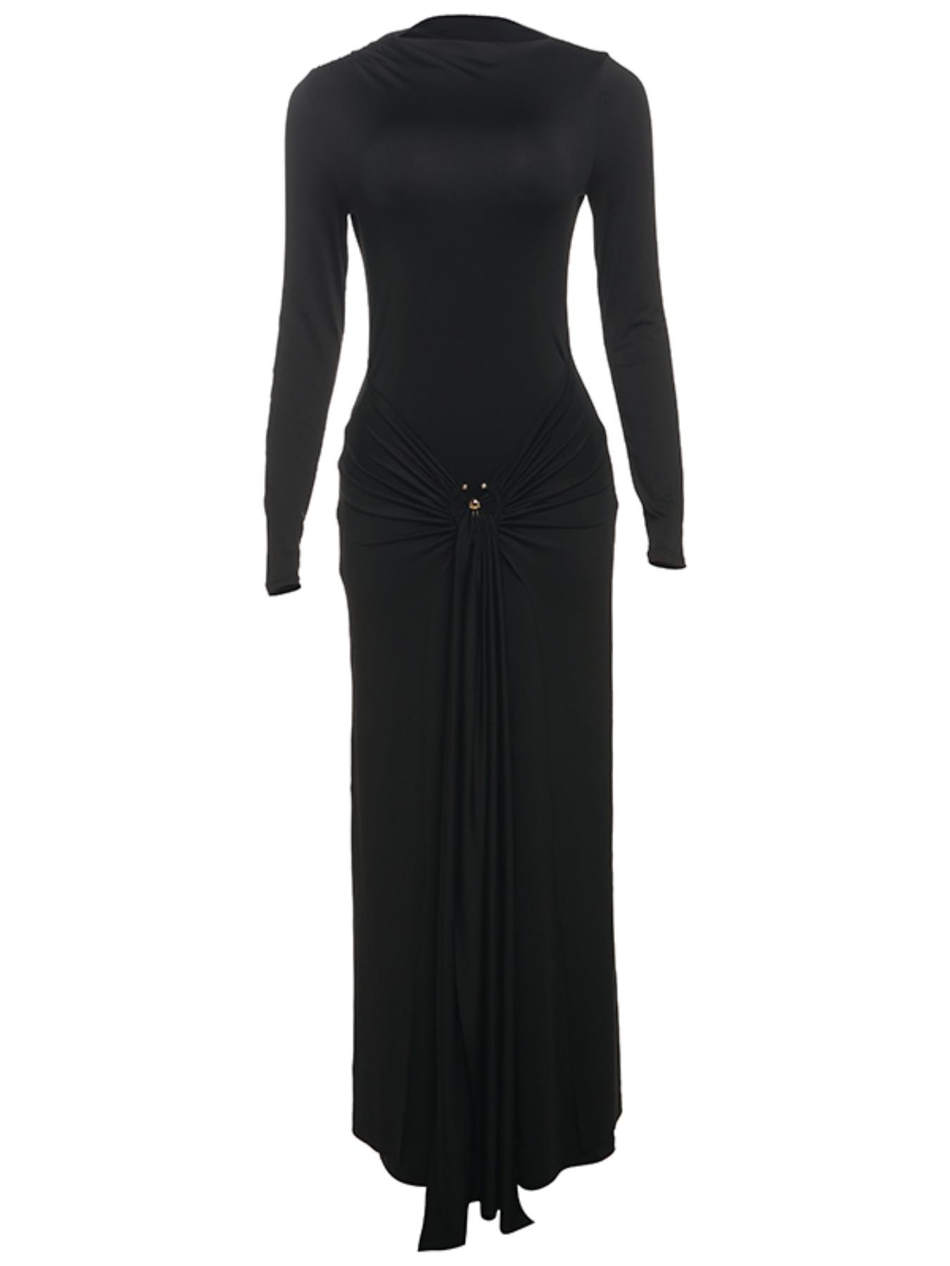 Elegant Women's Long Sleeve Dress with Ring Buckle Tie, Slim-Fit Casual Muslim Clothing for Fall & Winter, Plain Color Daily Wear, Modest Solid Color Dress, Modest Muslim Outfits