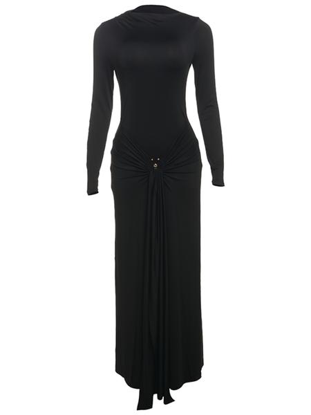 Elegant Women's Long Sleeve Dress with Ring Buckle Tie, Slim-Fit Casual Muslim Clothing for Fall & Winter, Plain Color Daily Wear, Modest Solid Color Dress, Modest Muslim Outfits