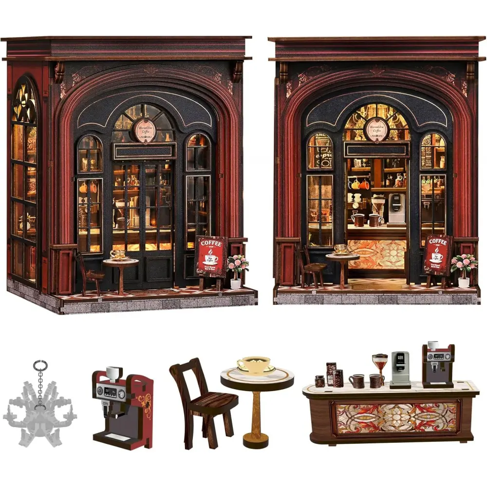 Spilay Book Nook Kit for Adults, Warmglow Coffee DIY Miniature House Kit |   With Warm LED Light, Wooden Building Craft Set for Bookshelf Decor, Reading Nook Display, Book Lover Gifts & Home Decoration
