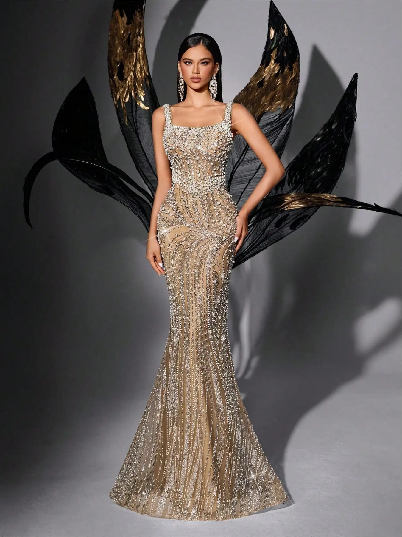 Women's Square Neck Sequin Beaded Mermaid Formal Evening Dress Spaghetti Strap Bodycon Prom Party Cocktail Maxi Gown