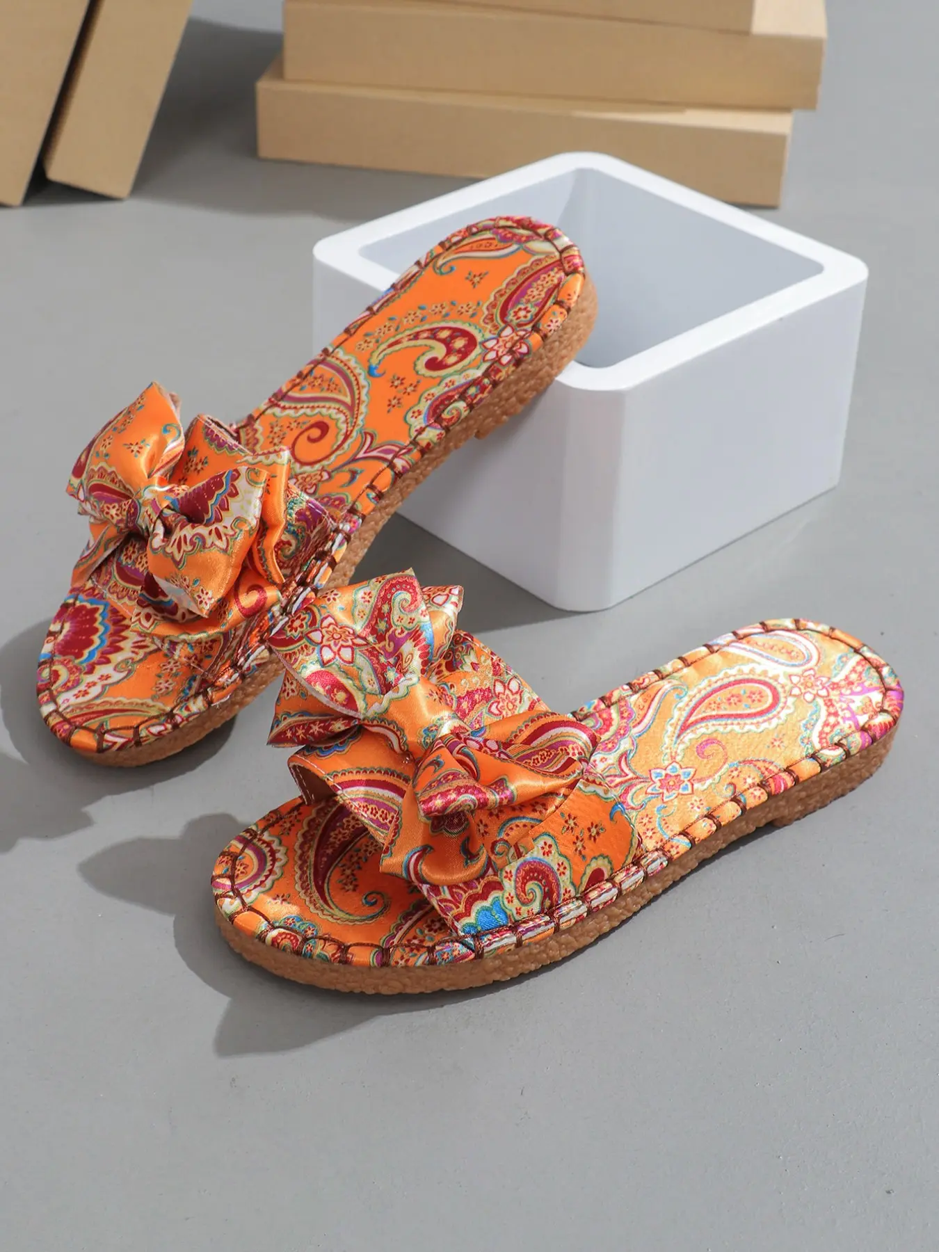 Women's Floral Bow Flat Bohemian Sandals, Straw Sole Casual Comfortable Slippers, Summer Beach Resort Essential, Lightweight Soft Bottom