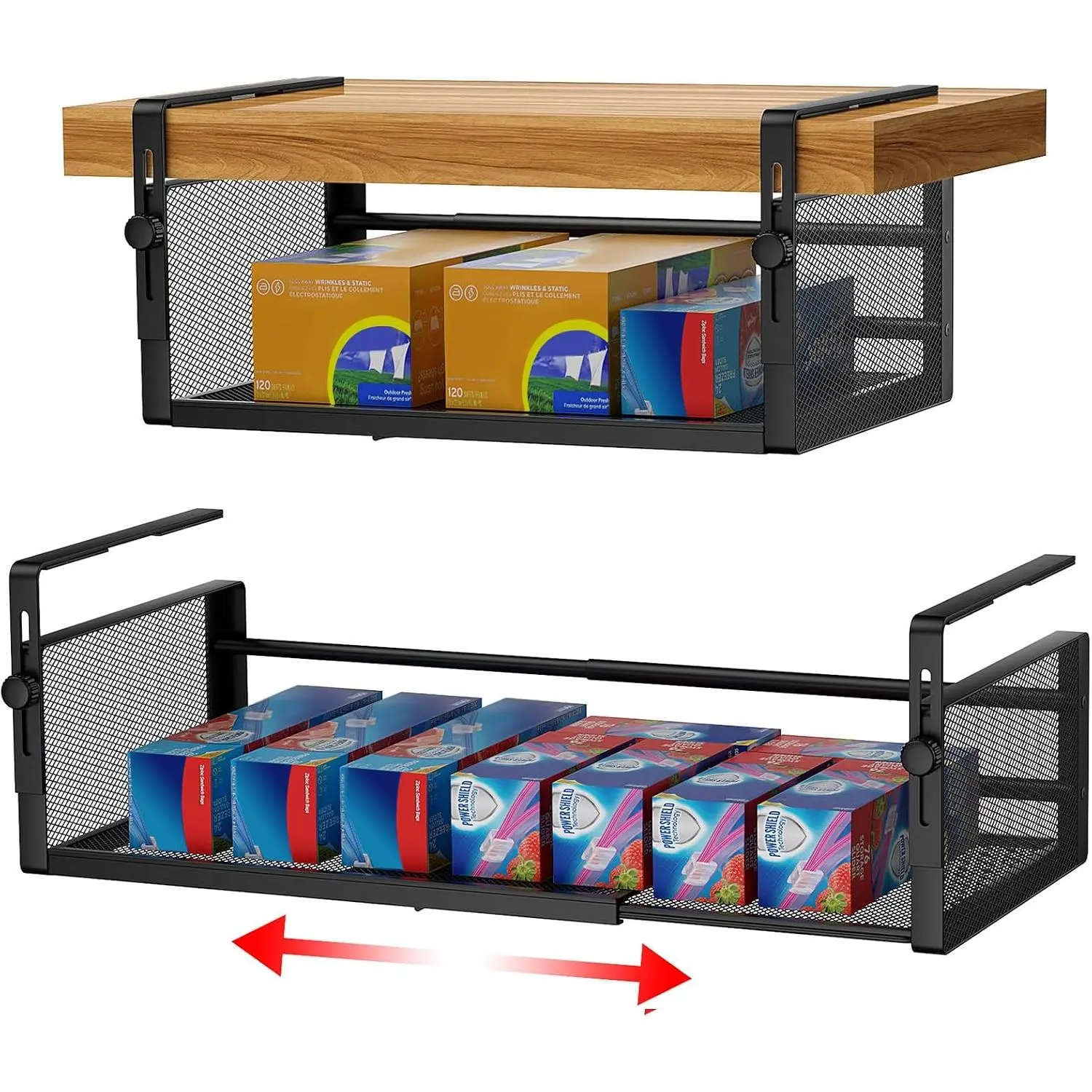 2Pack Under Shelf Basket, Adjustable  Under Cabinet Shelf Storage,  Holder Length Stretchable 14.9-22.6Inch for Kitchen Pantry Desk Counter Bookshelf Cupboard (Black)