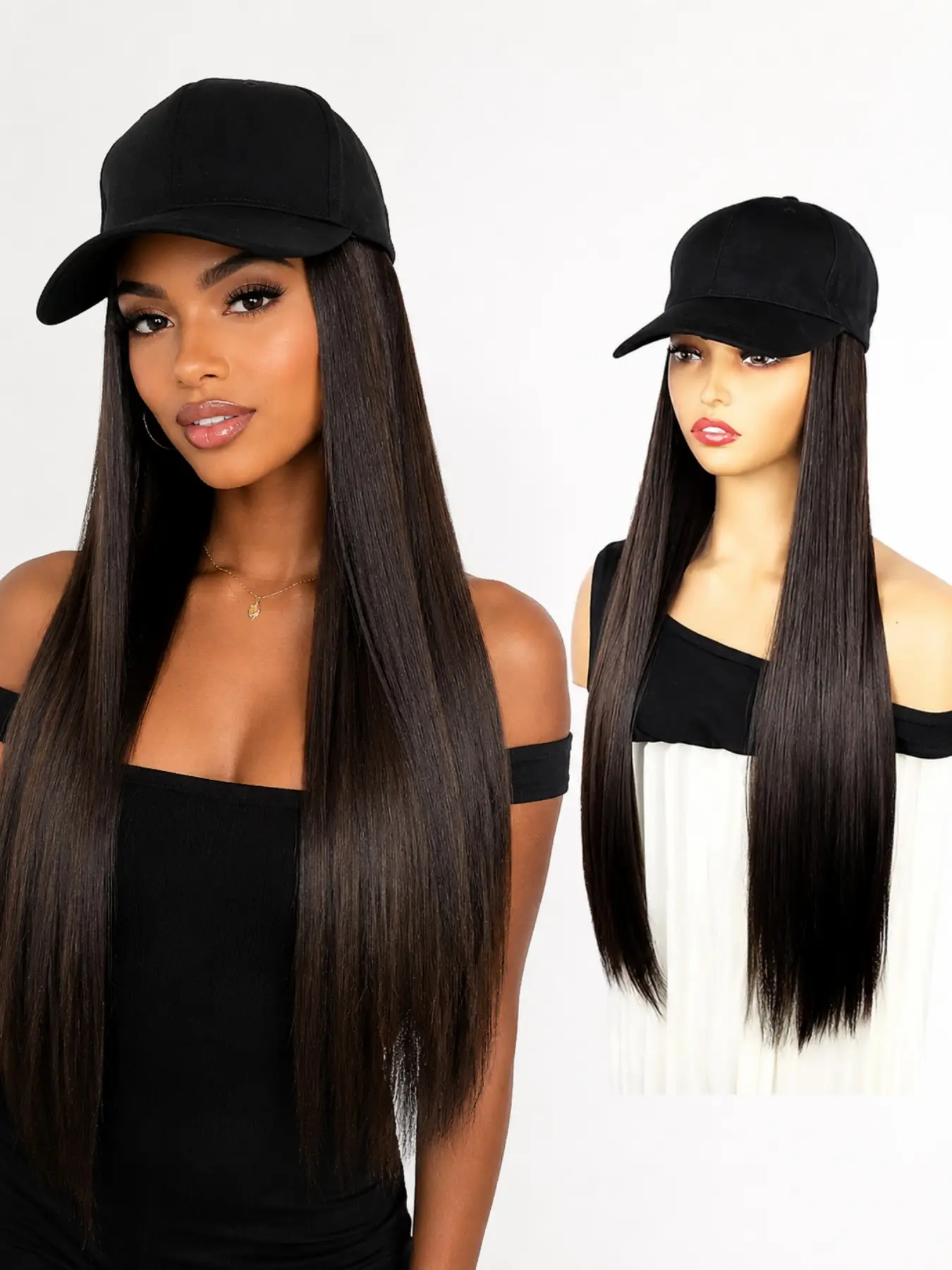 Synthetic Long Straight Baseball Hat Adjustable Wig Black Brown Hairpiece for Women