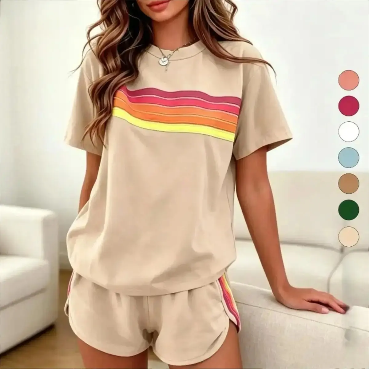 Rainbow Striped 2Pcs Women Casual Tracksuit, Loose Slim Sporty Outfit, Soft Breathable Elastic Activewear Set, Trendy All-match Ladies Clothing for Summer Vacation Indoor Outdoor Daily Casual Street Wear, 2 Piece Sets, Sets For Women 2 Piece