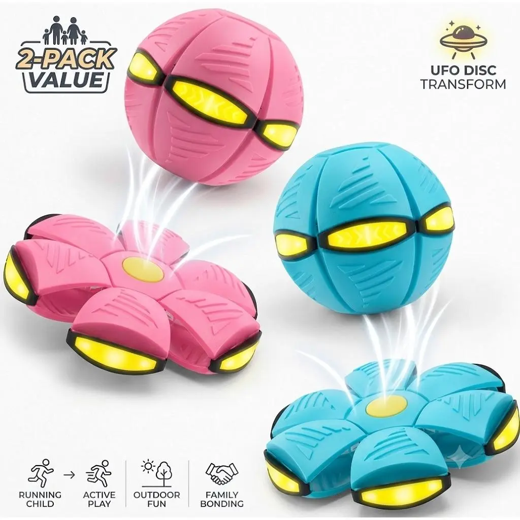 UFO Transforming Flying Disc, 2-Pack Flat Throw Ball Toy for Kids Outdoor Sports, Unisex Birthday Gift Idea, Two Pack, Ufo Shape