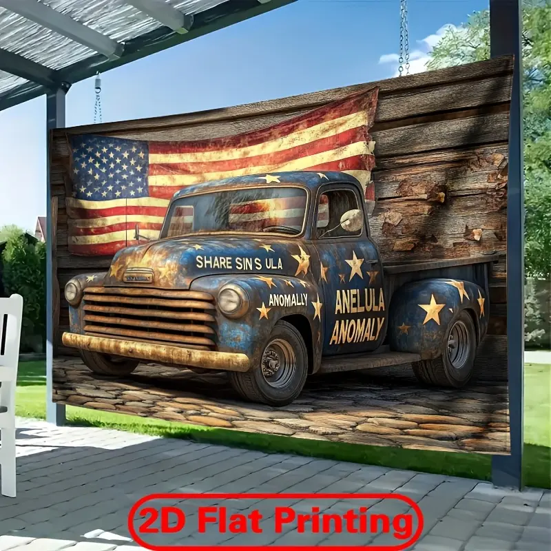 American Flag Truck Tapestry Backdrop – Patriotic Polyester Banner for Photography, Holiday Gatherings, Studio Decor, and Indoor Outdoor Events.