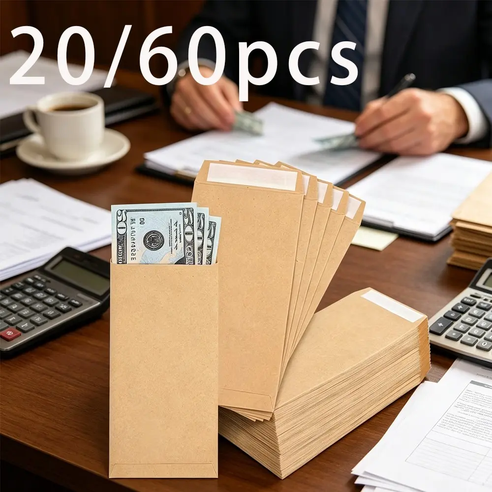 20/60pcs Kraft Paper Self-Adhesive Envelopes, Small Wage Envelopes, 6.5x3.2 Inches, Ideal for Saving Money, Coins, Checks, Cash, Budgeting, Cash Envelope System