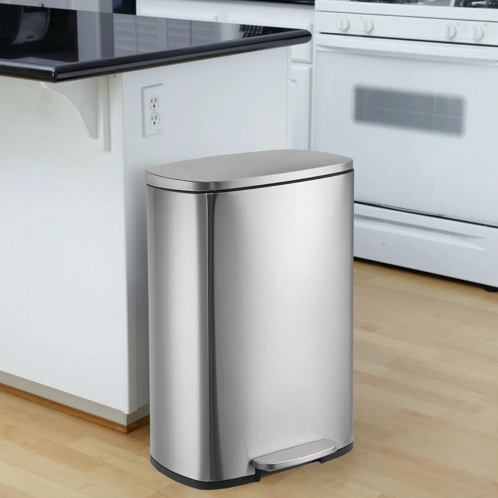 13 Gal (50L) Stainless Steel Kitchen Trash Can, Tall Heavy-Duty Pedal-Operated Bin with Soft Close Lid, Removable Inner Plastic Bucket for Kitchen, Office