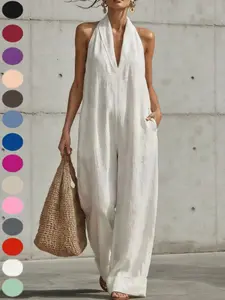 Women's Sleeveless Casual Romper, Elegant Linen Cotton Summer, Cross-Border Fashion for Spring & Summer, Available Now