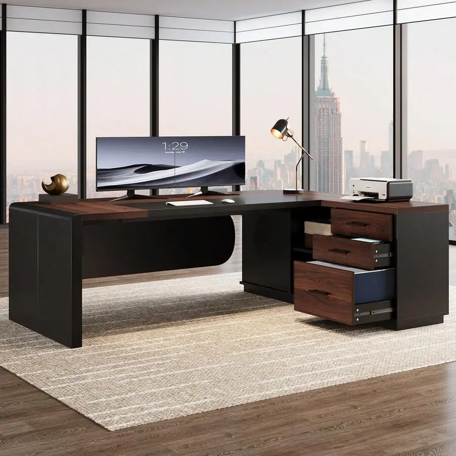 80-Inch L-Shaped Desk, Executive Office Desk With 55-Inch Drawers Cabinet, Modern Large Computer Table With Storage Shelves, Business Furniture Home Office