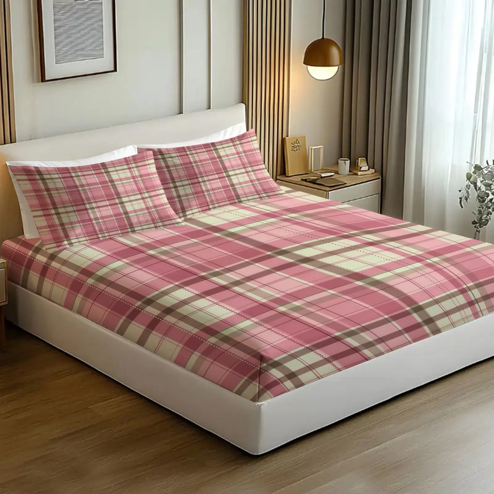 3-Piece Set Bed Sheet and Pillowcases, Plaid Print, Non-Slip, Comfortable Bedroom Decor, Gift for Adults and Teens, Bedsheet Sets
