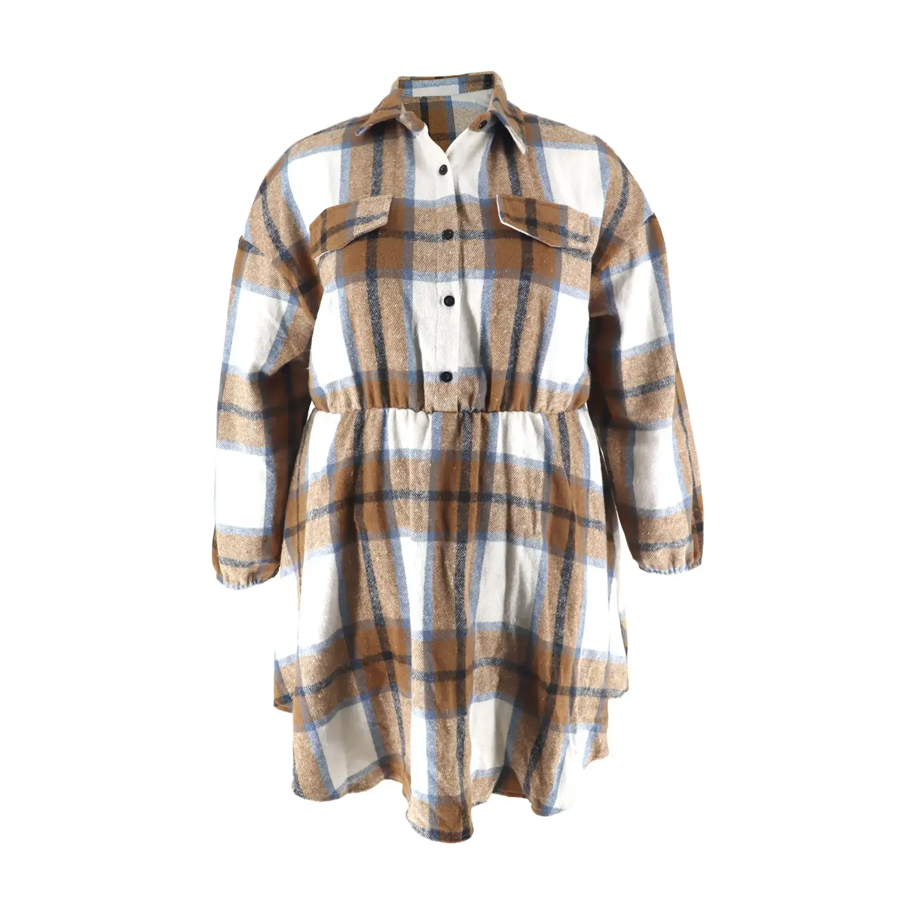 Plus size Women Plaid Long Sleeve Shirt Dress, Collar Button Front Elastic Waist Fall Casual Swing Mini Dress