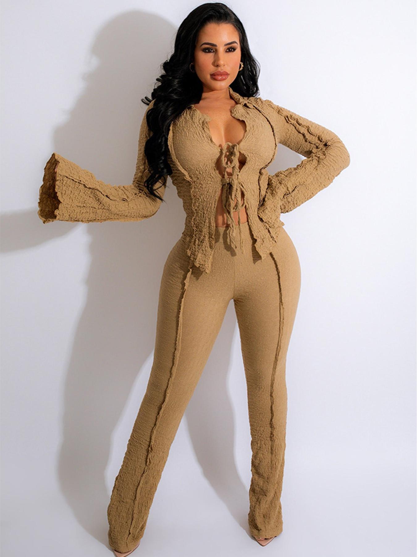 Two-Piece Set Women's Solid Tie Front Flounce Sleeve Blouse & Pants Set, Casual Fashion Cozy Top & Trousers for Daily Outdoor Wear, Ladies Clothes for All Seasons, Womenswear