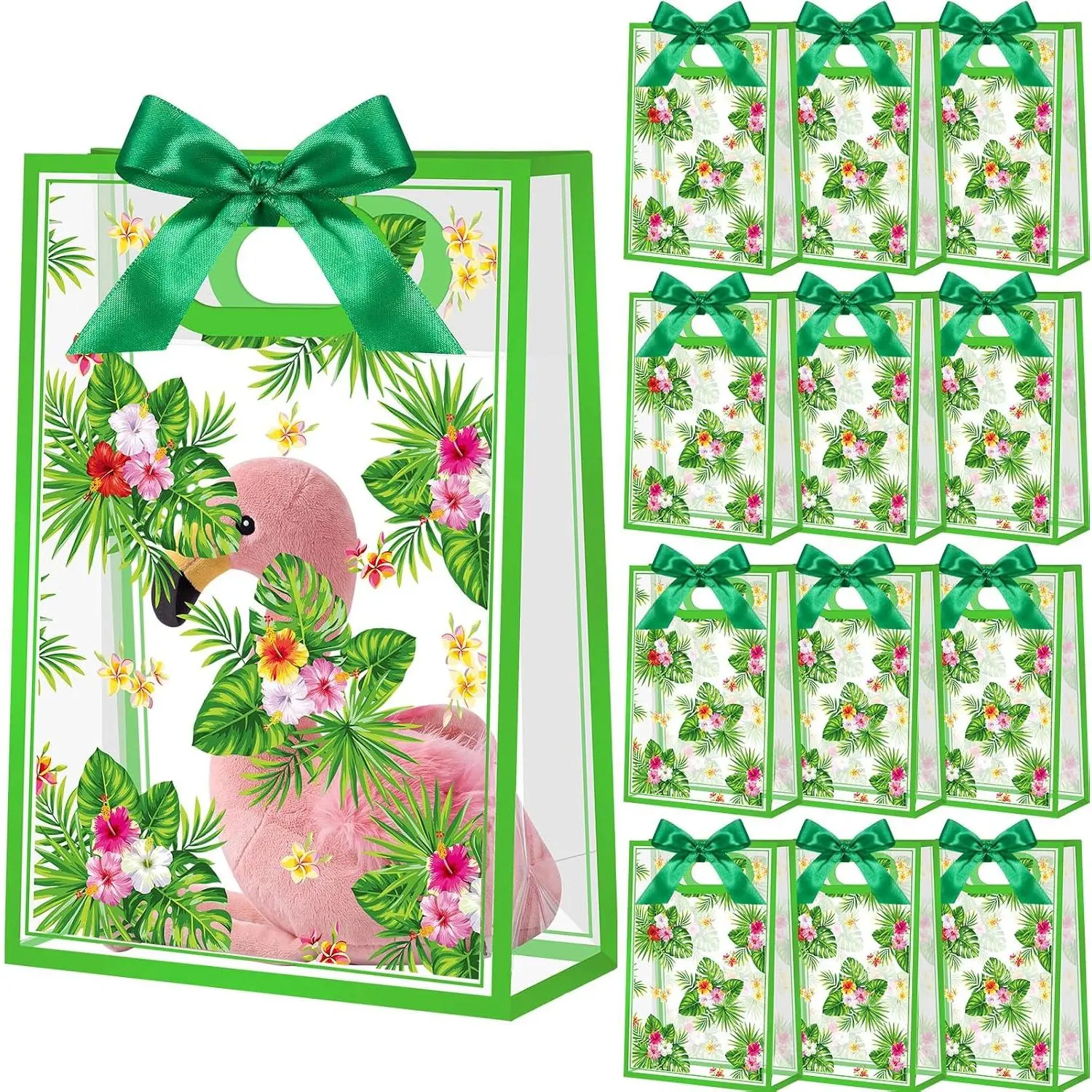 12 Pack Clear Hawaiian  Bags with Handles and Green Bows,  Hawaiian Luau Party Favor Bags with Tropical Palm Leaves and Hibiscus  for Summer Hawaii Party Supplies