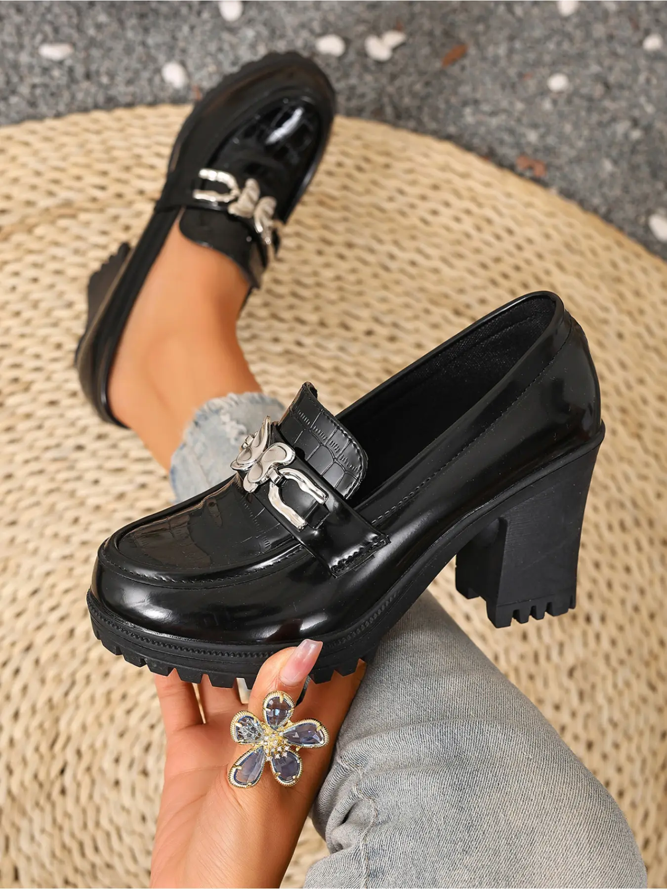 Croc Embossed Patent Metal Buckle Platform Block Heel Loafers - Women Slip On Preppy Daily Office Mid Heels Chunky Block Heels