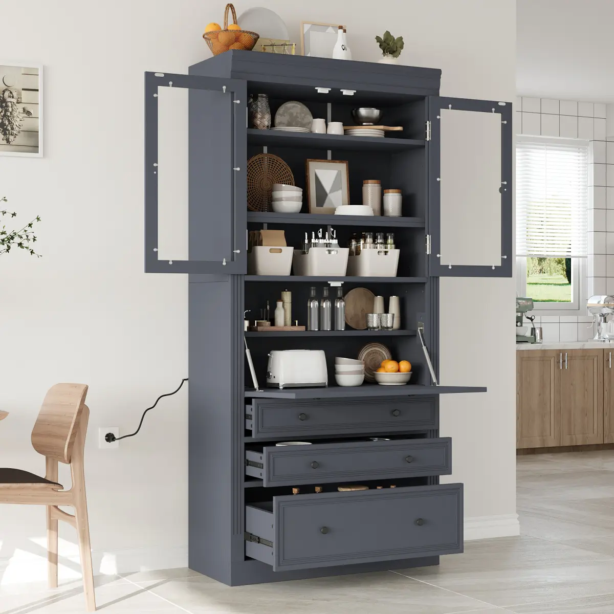 Aobtkel TOPMAX 36x16.5x78inch Freestanding Kitchen Pantry Storage Cabinet,Multifunctional Cupboard with 3 Drawers,Adjustable Shelves and Power Outlet for Dining and Living Room,Grey