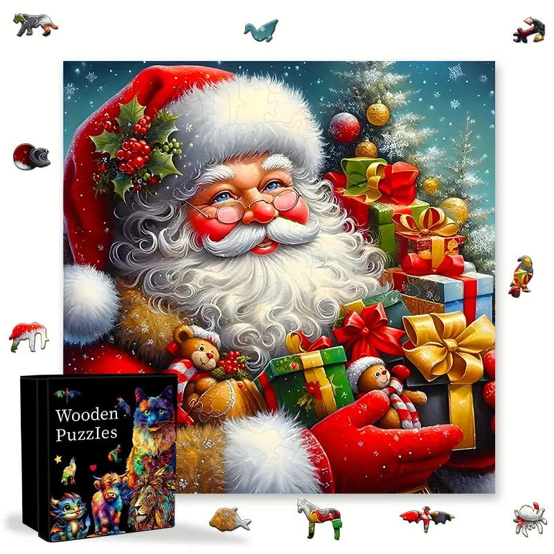 Holiday Santa Claus and Gifts Wooden Puzzle, 30x28.7 Cm Christmas Scene Puzzle, Adult-Friendly, Perfect Holiday Gift, Halloween & Christmas Decor