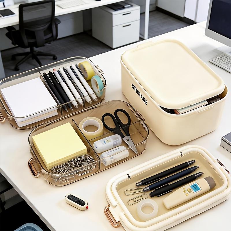 Multi-layer Stackable Desktop Storage Box, Transparent Drawer-style Storage Box, Office Stationery Organizer with Lid, Plastic Cosmetic and Jewelry Storage Box, Cream White.