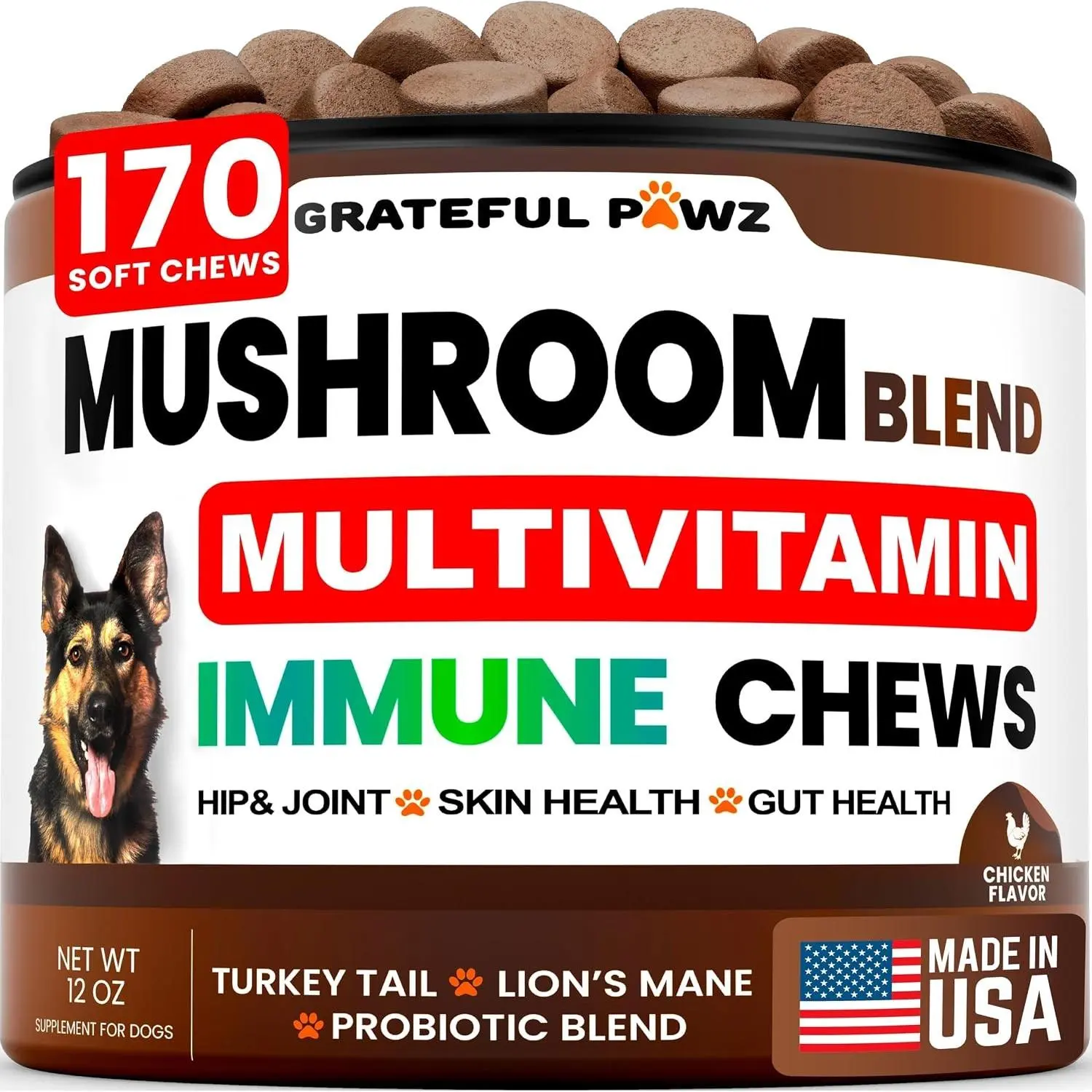 Turkey Tail Mushroom Supplement for Dogs - 170 Chews, with Reishi Lion's Mane Glucosamine Multivitamin, Supports Immune Gut Hip & Joint Health, Boosts Energy & Skin Health