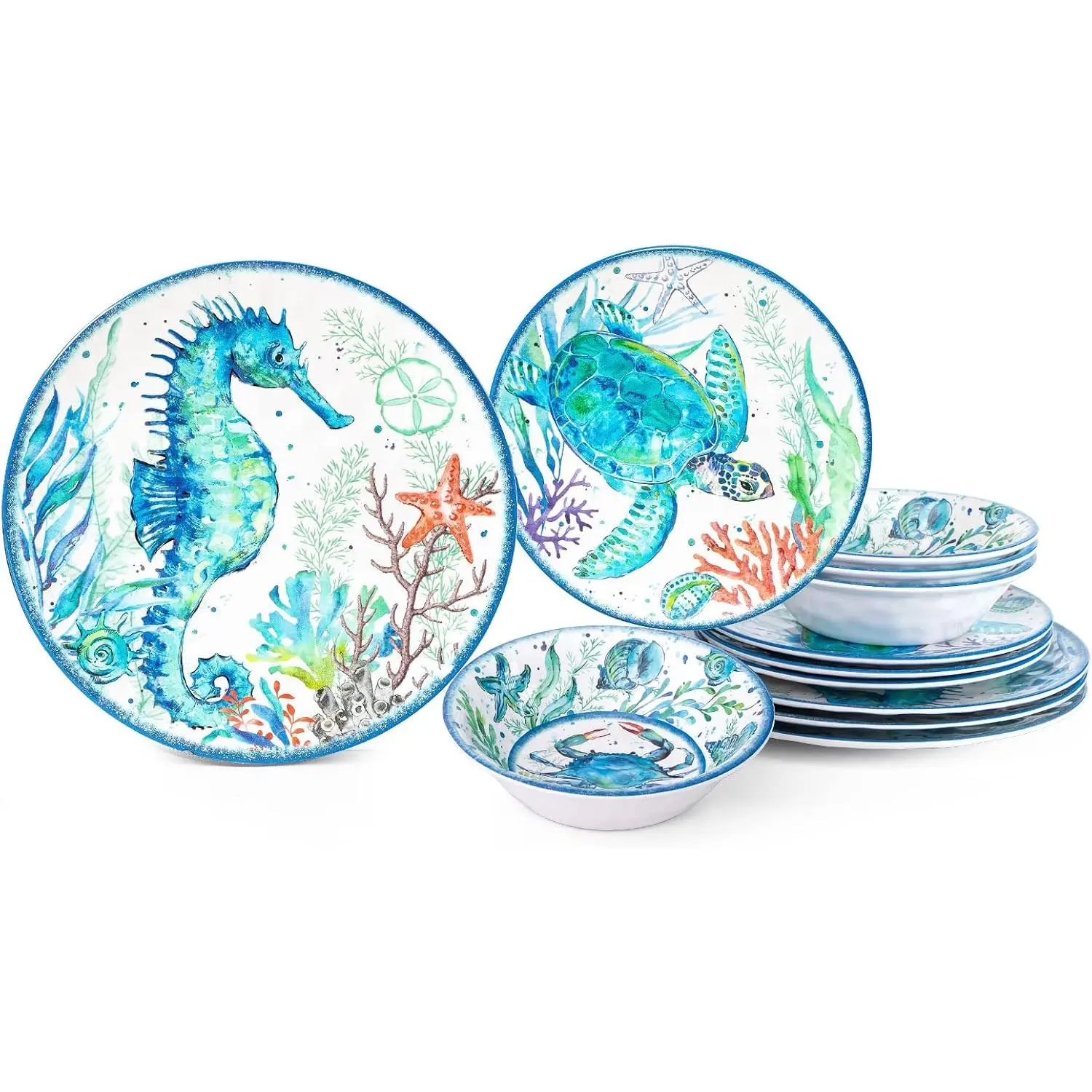 12- Melamine Beach Dinnerware Set, Coastal Plates and Bowls Sets, Oceanic Sea Life Dish Sets for 4,  for Indoor Outdoor Dining  the Beach, RV, Camping or Cabin