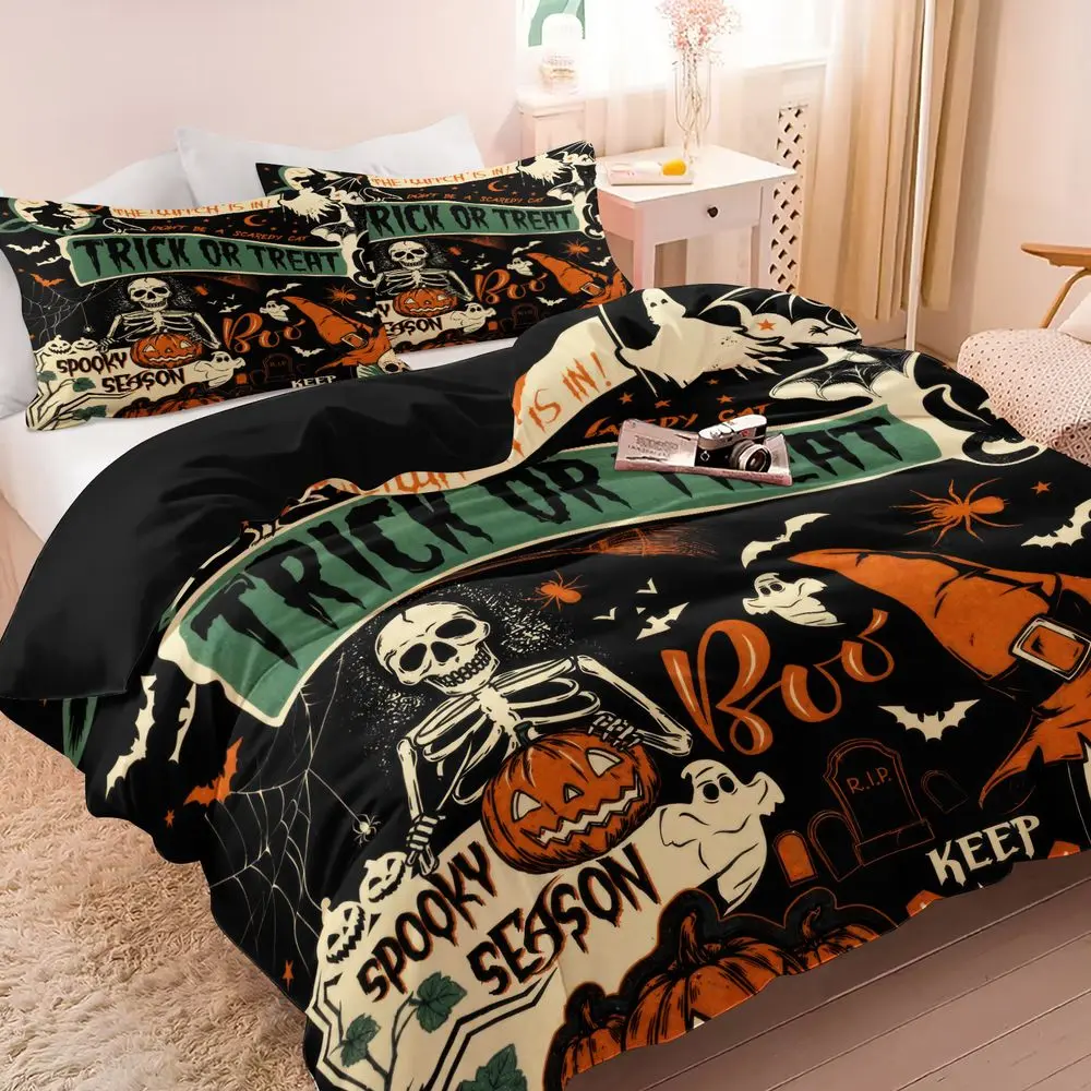 2/3Pcs Halloween Spooky Season Duvet Cover Set, Trick or Treat Pumpkin Skeleton Bedding Set, Soft Microfiber Bed Cover with Pillowcase, Festive Home Decor for Kids Teens Bedroom No Fillers