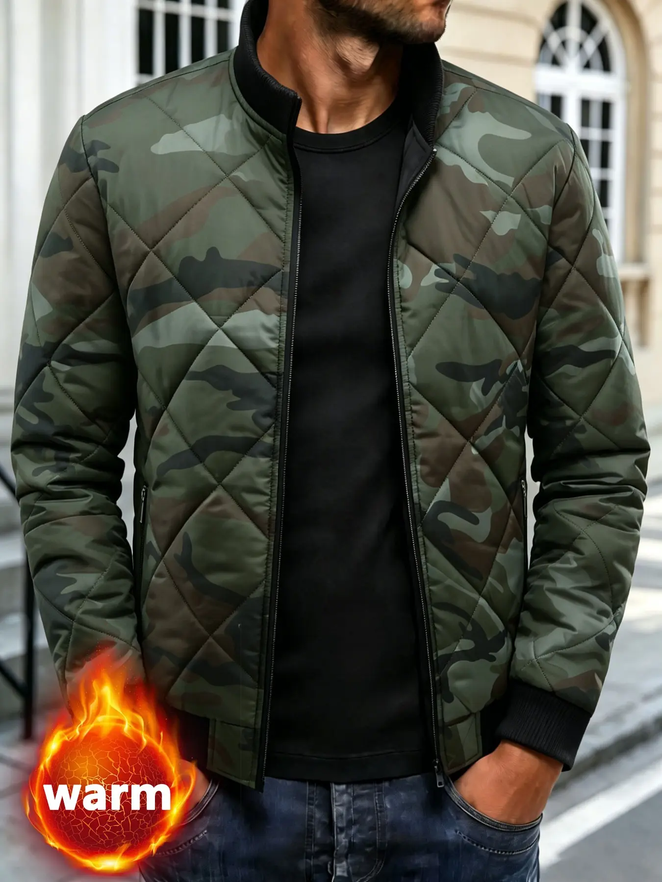 Men's Reversible Baseball Collar Jacket, Menswear Camo Quilted Thick Flight Coat, Zip Pocket Windproof Winter Casual Workwear