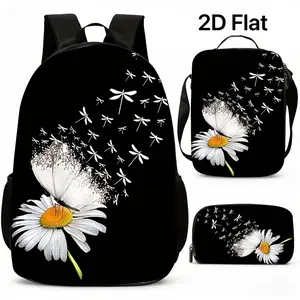 3pcs 2D Printed New Fashion Unisex Backpack Set - Fresh Small Daisy Print with Flying Butterflies and Dragonfly Elements, Carrying the Vitality of Spring on Your Back. Includes a Large Capacity Lunch Bag, Casual Backpack for Travel and Camping
