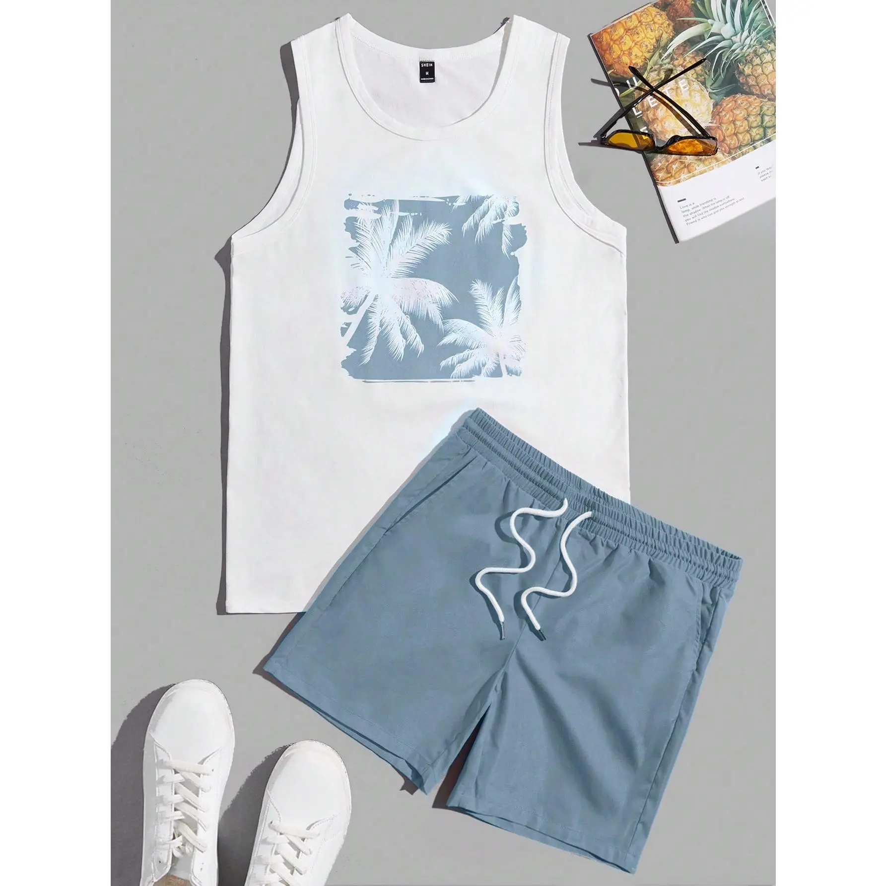 Men Tropical Print Tank Top & Drawstring Waist Shorts, Cozy Outfits, Couple Things, Vacation, Father's Day Gifts