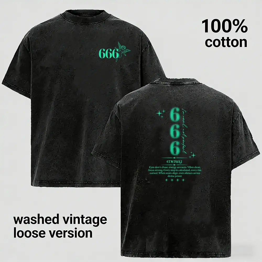 Retro Neon Green Gothic 666 Energy Star Motivational Quote Print Vintage Black Washed Tshirt Men Oversized Loose Fit Casual Short Sleeve Top Ideal Birthday Gift For Him