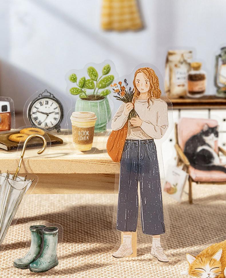 100 piece minimalist large sticker pack featuring characters, flowers, scene product patterns, minimalist style, PET waterproof material, self adhesive, DIY journal decoration, scrapbook notebook materials