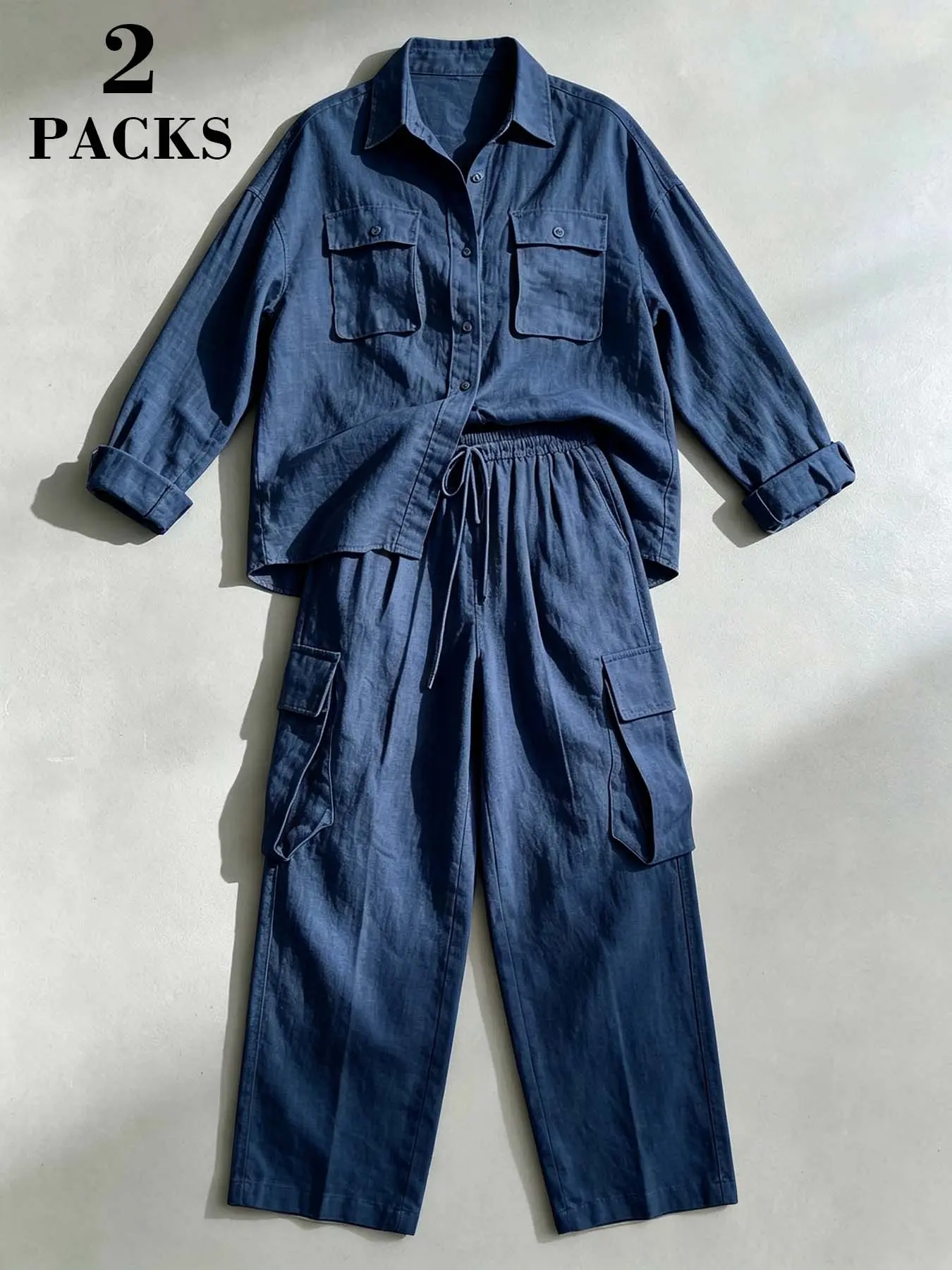 Women's 2-Piece Set Long Sleeve Button-Down Shirt & Straight Cargo Pants, Elastic Waist with Drawstring, Casual Streetwear Trendy