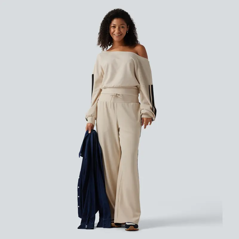 【Creator’s Pick】Halara 2-Piece Set Boat Neck Long Sleeve Side Stripe Waffle Casual Top & High Waisted Drawstring Wide Leg Side Stripe Waffle Casual Pants with Pockets